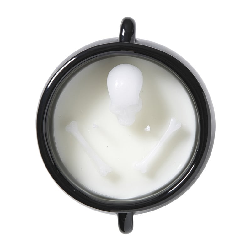 Halloween geurkaars heksenketel skelet - wit/zwart - ø13x12 cm