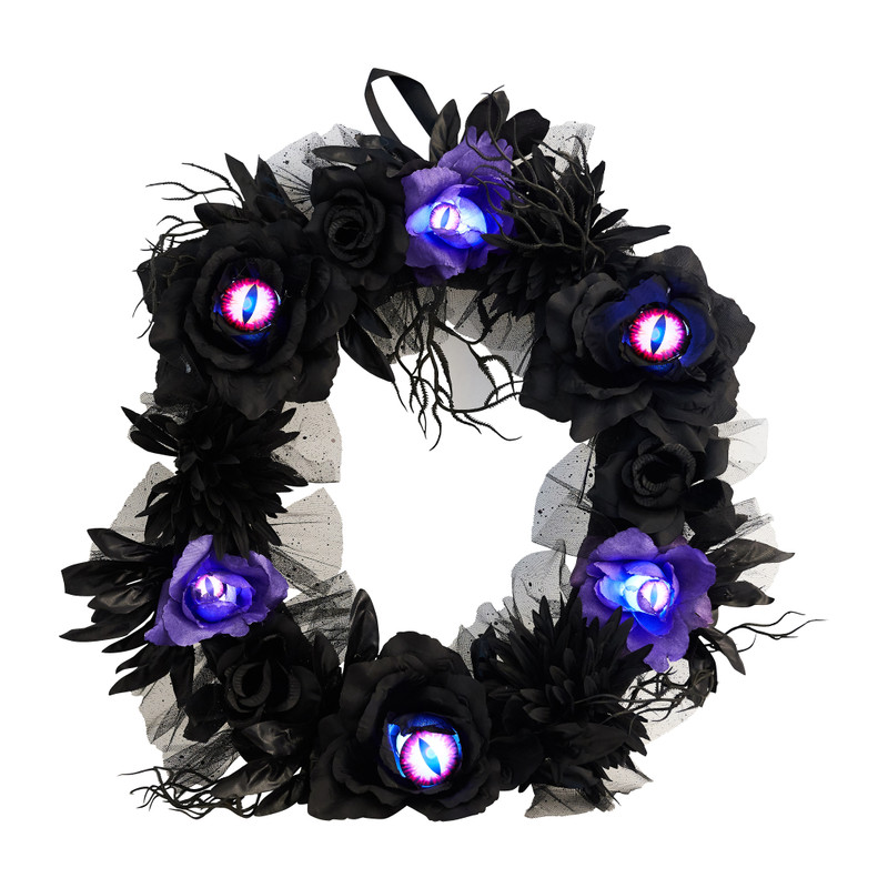 Krans met verlichte ogen - zwart - ⌀40 cm