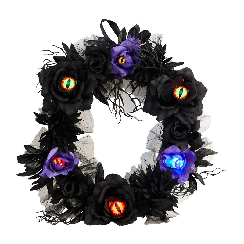 Krans met verlichte ogen - zwart - ⌀40 cm