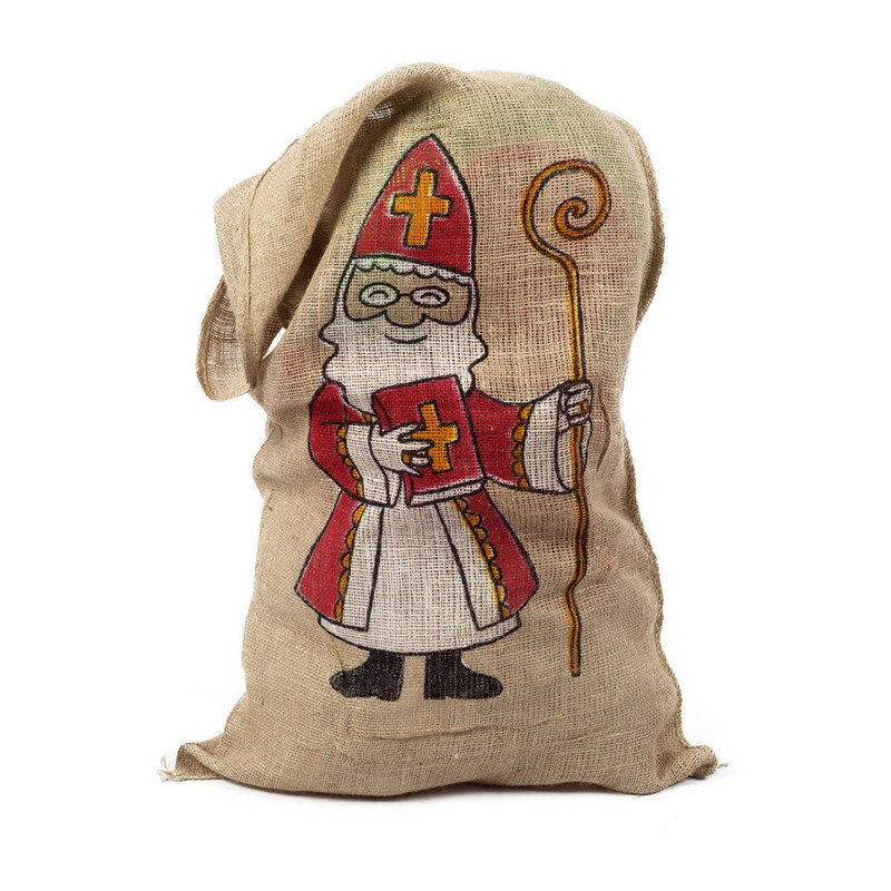 Horizontaal Draaien Presentator Jute Sinterklaas zak XXL met Sintopdruk 61x110 cm | Xenos