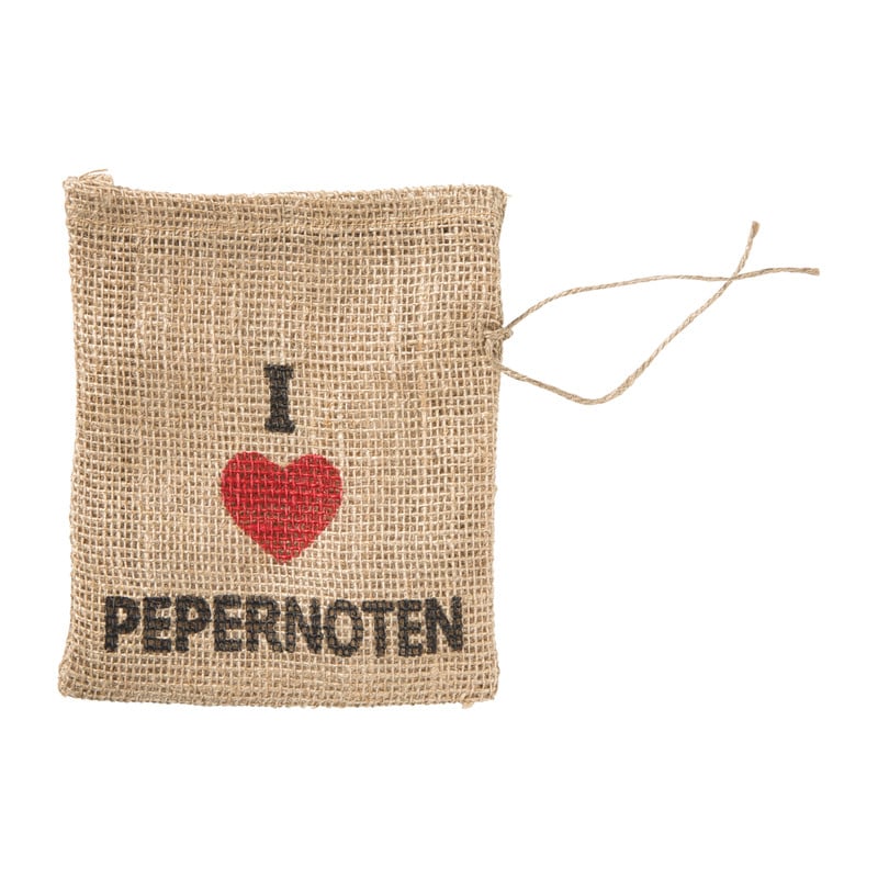 Juten zak 'i love pepernoten' - bruin - 19x16 cm