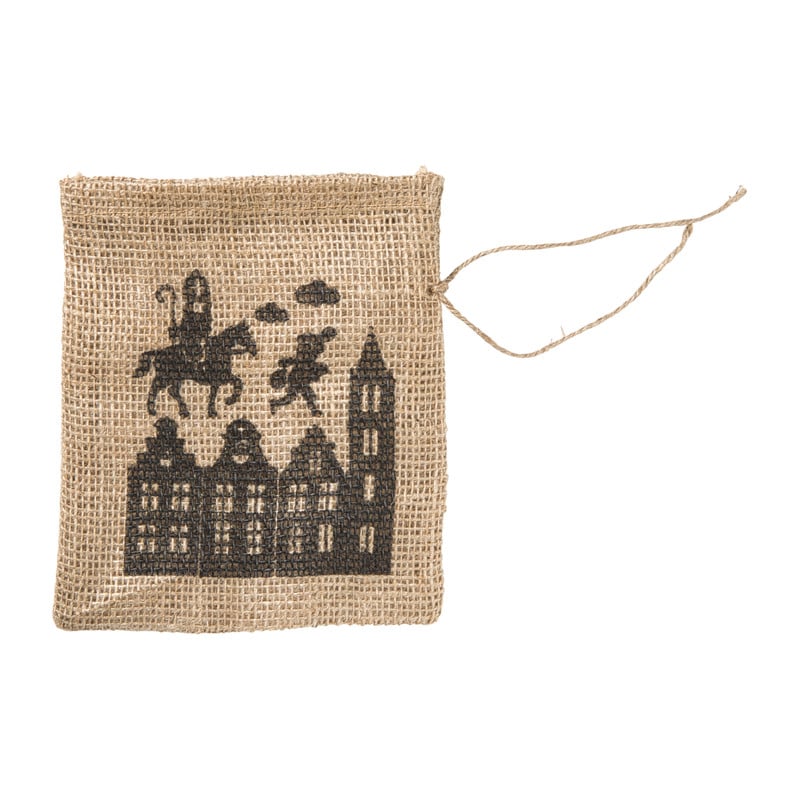 Juten zak sint huisjes - bruin - 19x16 cm