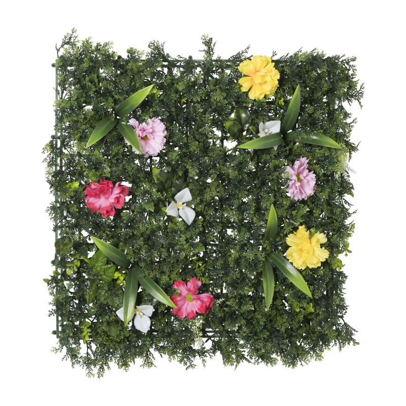 Wanddecoratie met kunstgras en bloemen groen 50x50 cm