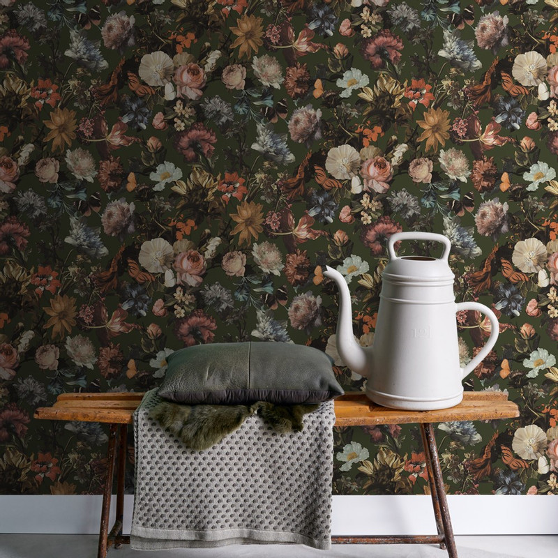 Behangpapier bloemenprint - donkergroen