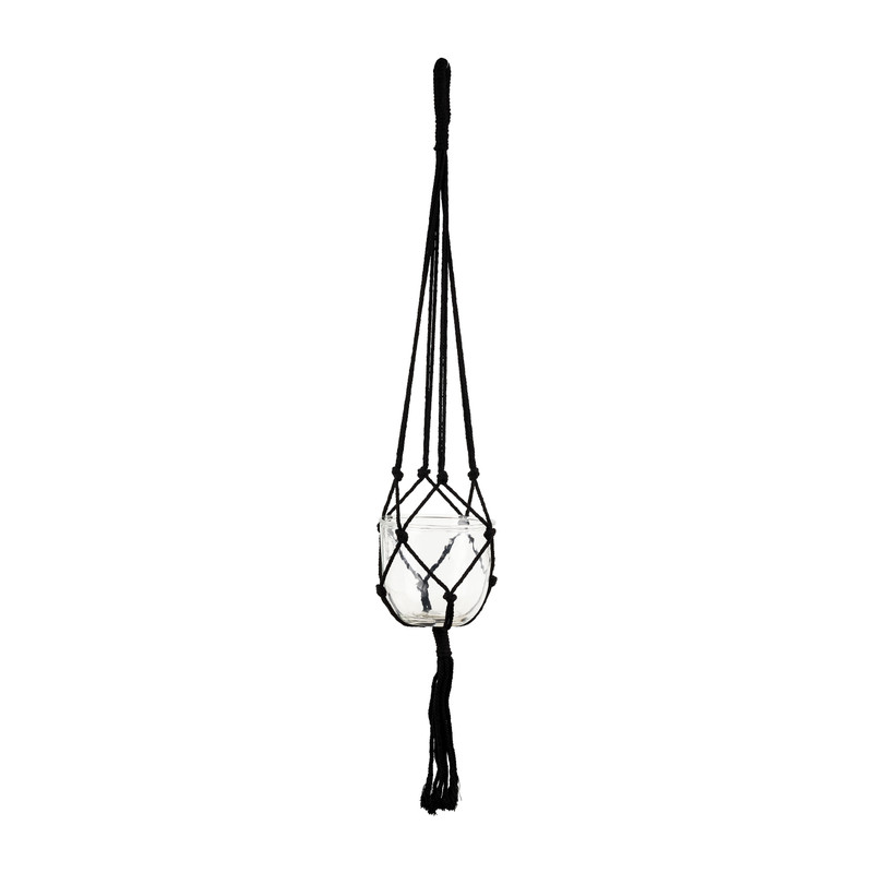 Macrame hanger met pot - 15x15 cm - zwart
