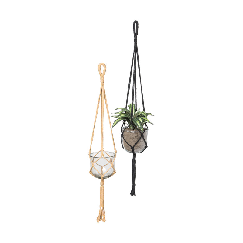 Macrame hanger met pot - 15x15 cm - zwart