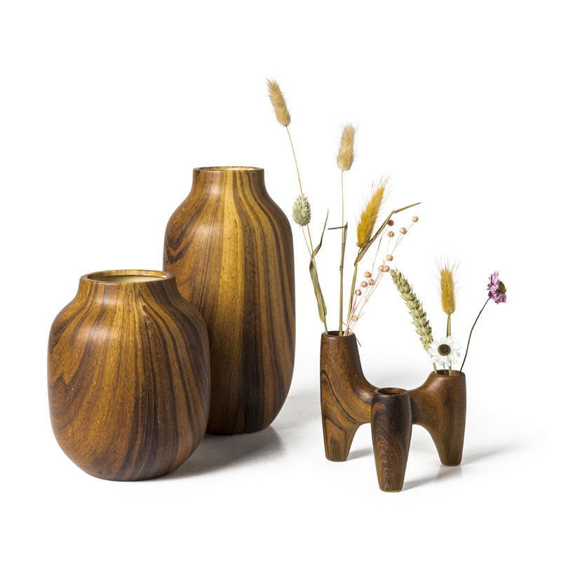 Vaasje/kandelaar houtlook trio - 14x13 cm