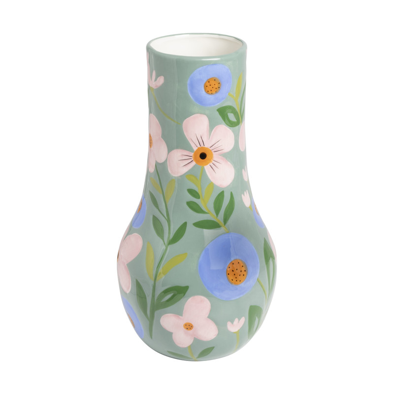 Vaas bloemen - groen/blauw/roze - ø17.2x34 cm