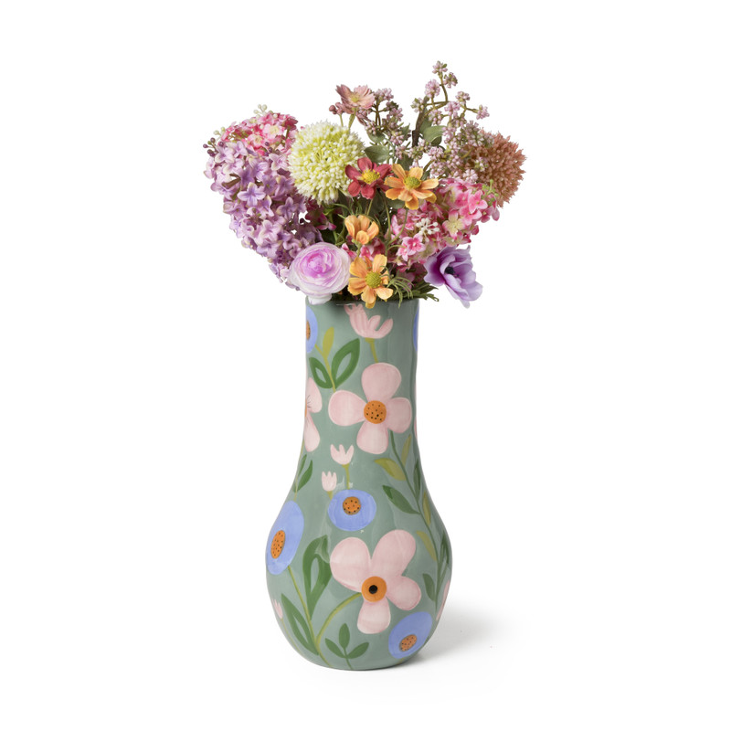 Vaas bloemen - groen/blauw/roze - ø17.2x34 cm