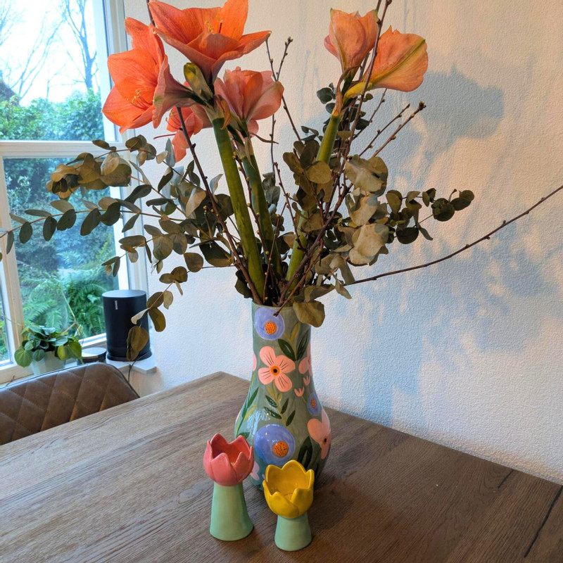 Vaas bloemen - groen/blauw/roze - ø17.2x34 cm