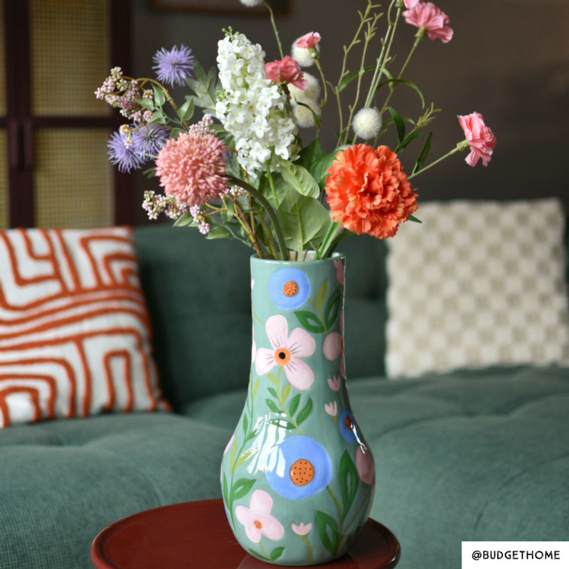 Vaas bloemen - groen/blauw/roze - ø17.2x34 cm