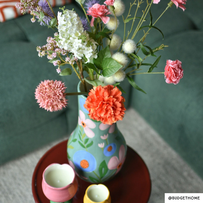 Vaas bloemen - groen/blauw/roze - ø17.2x34 cm