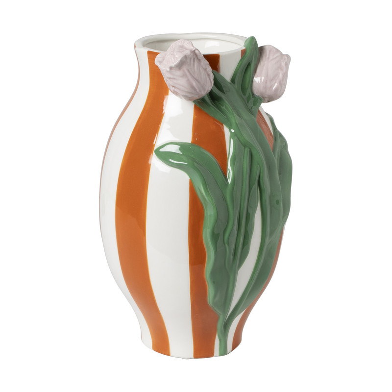 Vaas gestreept met tulp - oranje/groen/roze - ø15.6x28.5 cm