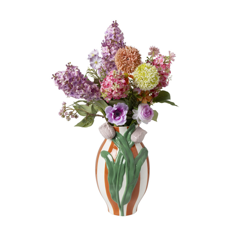 Vaas gestreept met tulp - oranje/groen/roze - ø15.6x28.5 cm