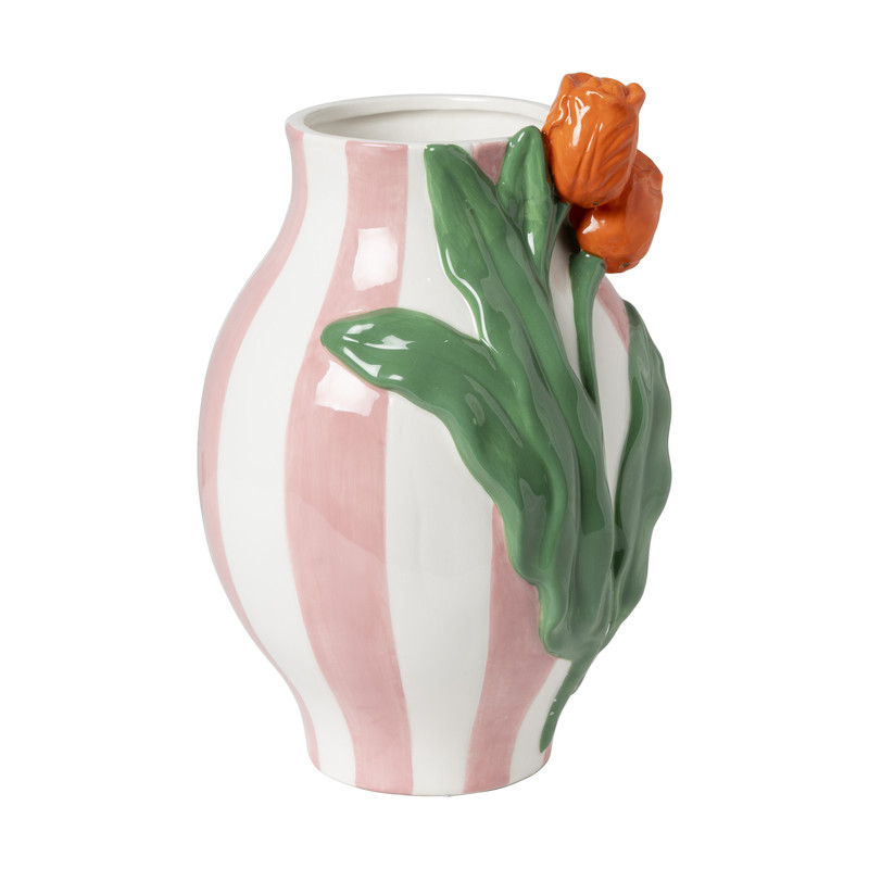 Vaas gestreept met tulp - roze/groen/oranje - ø16.6x24 cm
