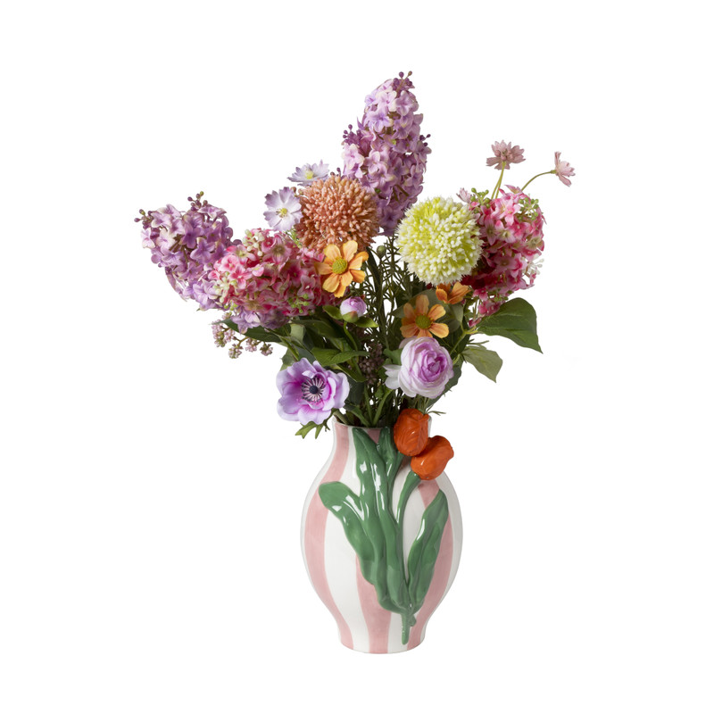 Vaas gestreept met tulp - roze/groen/oranje - ø16.6x24 cm