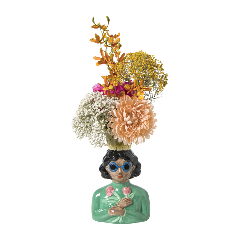 Vaas vrouw met bloemen - groen - 24.5x16.3x11.3 cm