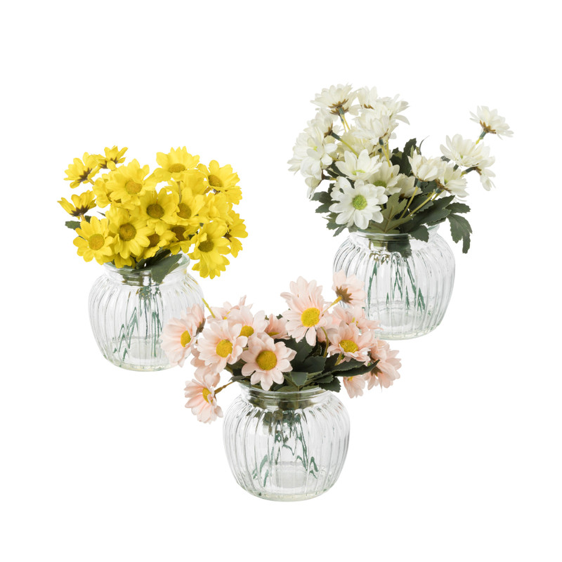 Kunstbloemen madeliefjes in glazen pot - geel - ø11.5x20 cm