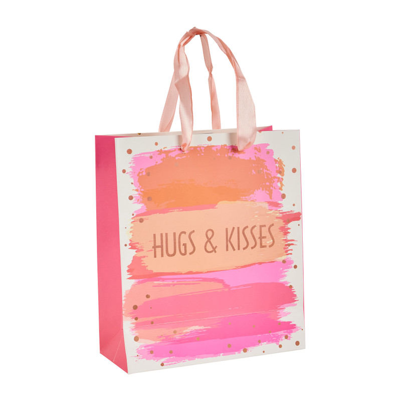 Cadeautasje hugs & kisses - roze - 18x21 cm