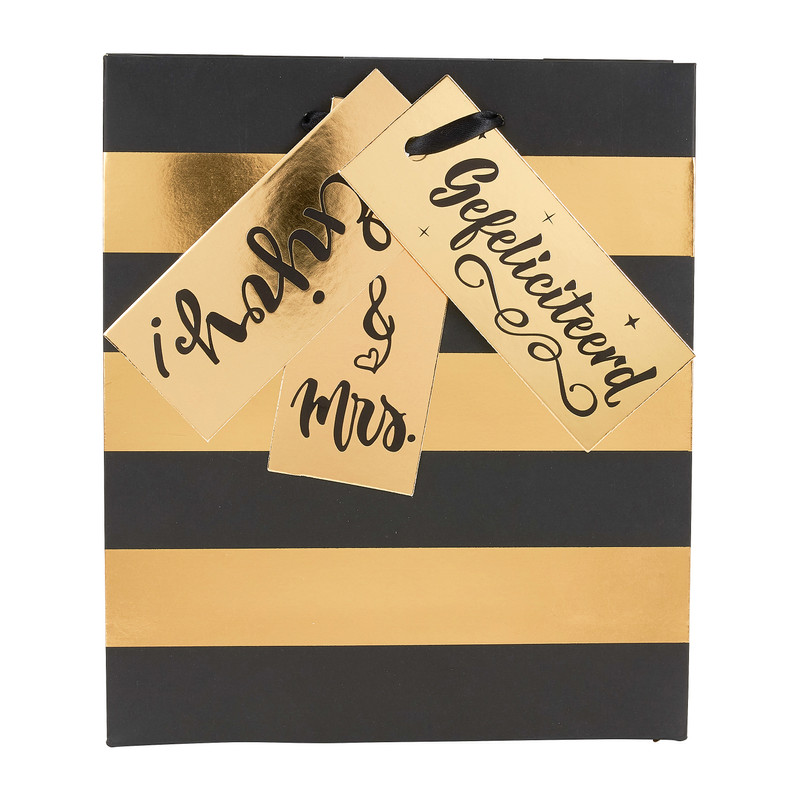 Cadeautasje zwart met goud - stripes - 18x21 cm