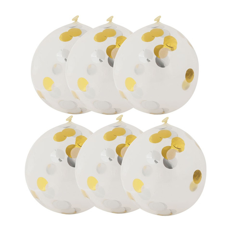 Ballon confetti - goud/wit - set van 6