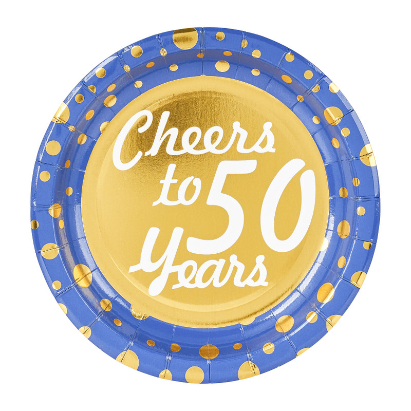 Bordjes Cheers to 50 years - blauw/goud - 8 stuks