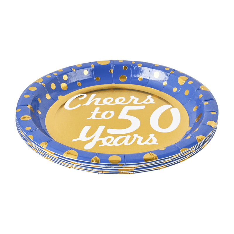 Bordjes Cheers to 50 years - blauw/goud - 8 stuks