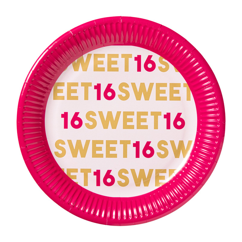 Papieren bordjes 16 jaar - roze - set van 8