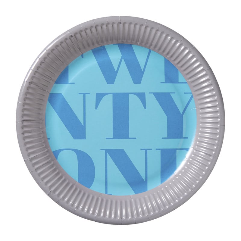 Papieren bordjes 21 jaar - blauw - set van 8