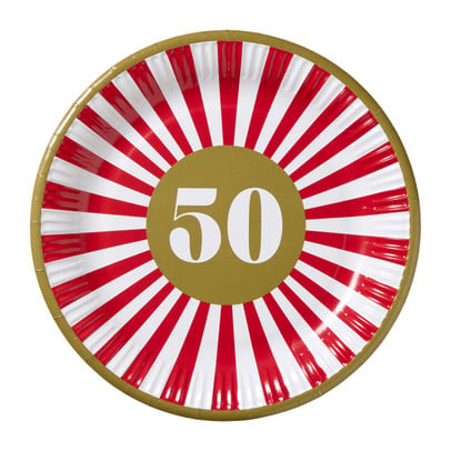 Papieren bordjes 50 jaar - rood - set van 8