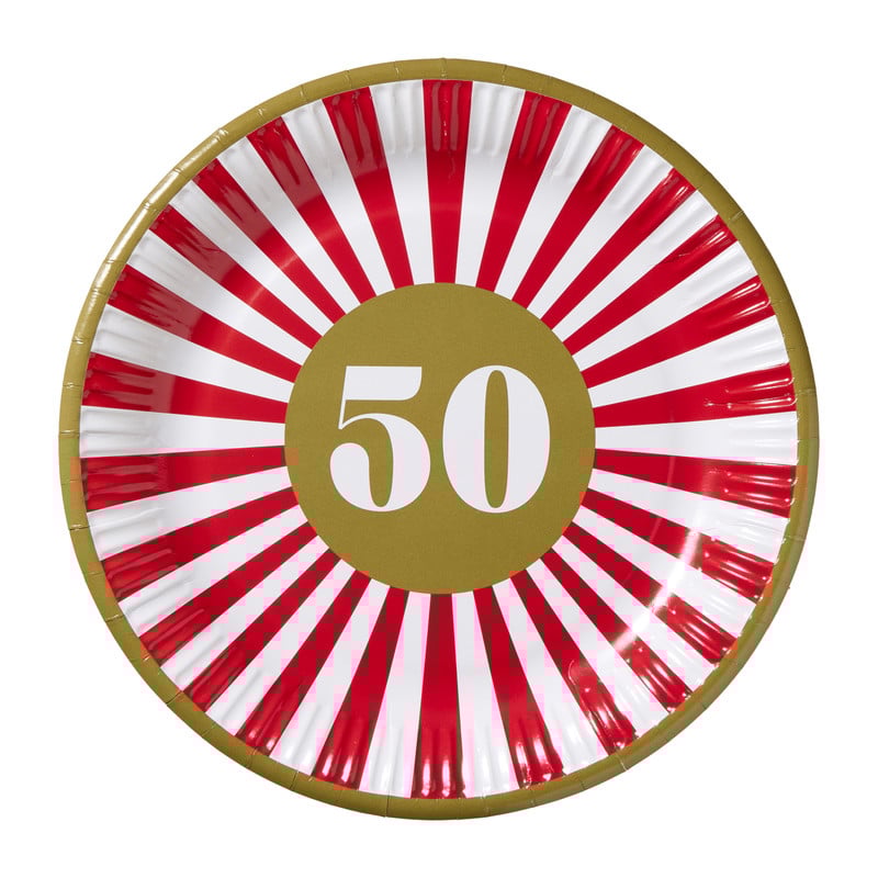Papieren bordjes 50 jaar - rood - set van 8
