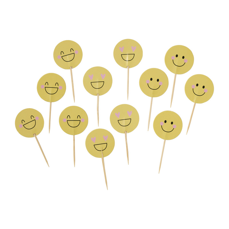 Cocktailprikkers smiley - geel - set van 12