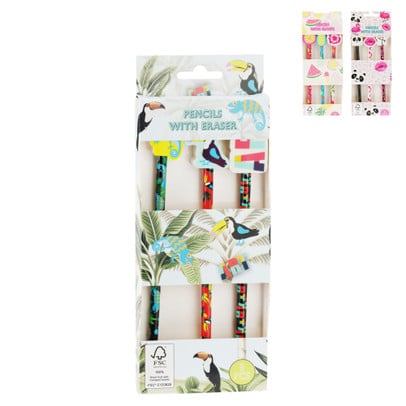 Potlood met gum - set van 3 - diverse varianten