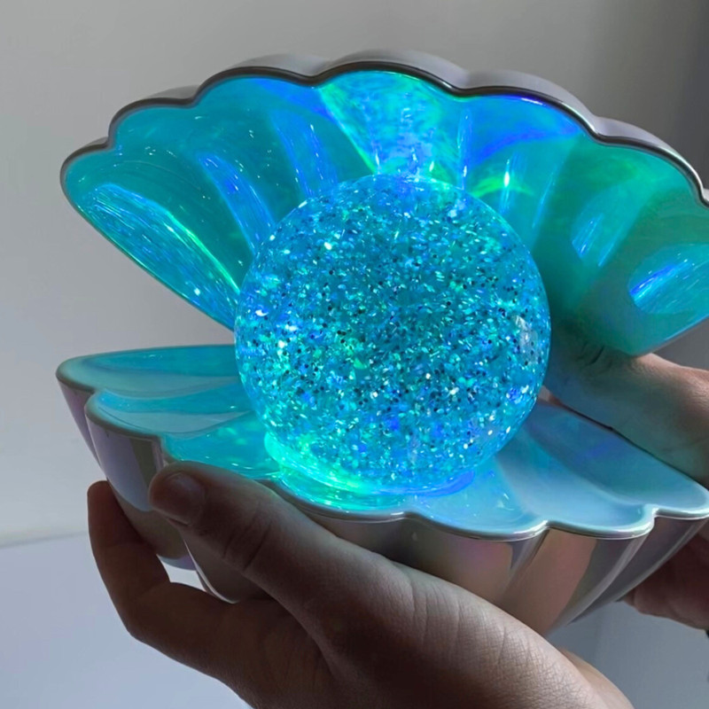 Schelp met glitter parel - wit - 17x15x12 cm