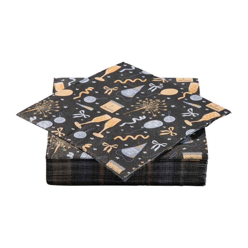 Servetten Happy New Year - zwart/goud/zilverkleurig 