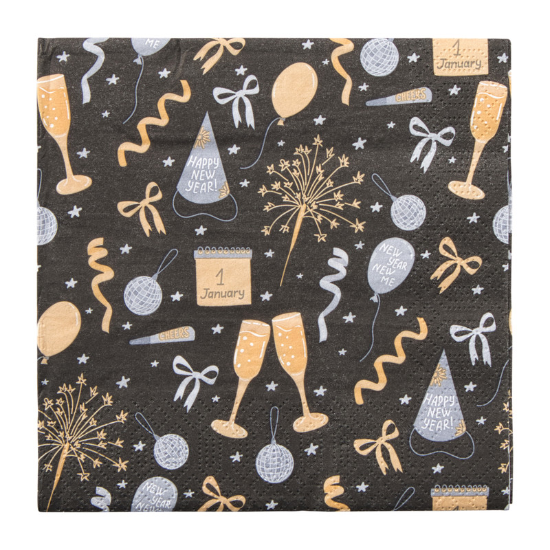 Servetten Happy New Year - zwart/goud/zilverkleurig 