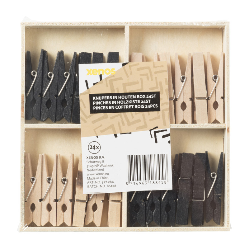 Wasknijpers in houten box - naturel en zwart - 13x13x1.5 cm