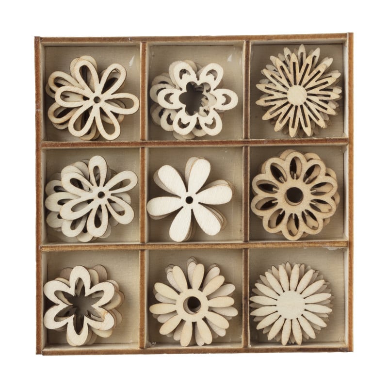 Houten bloemen in kistje - 10.5x10.5x2 cm