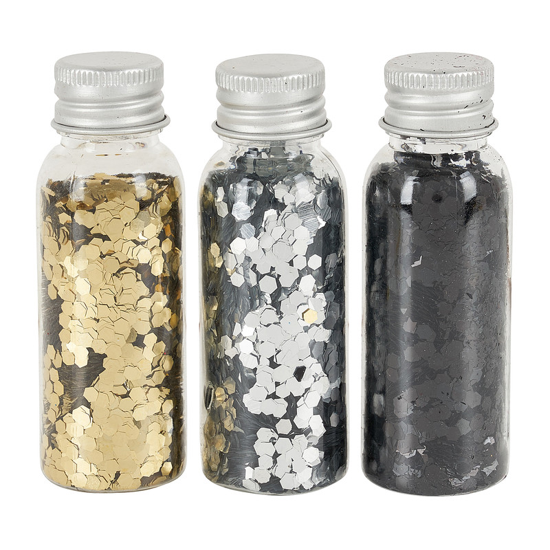 Glitters chunky in flesje - zwart/goud/zilver - set van 3