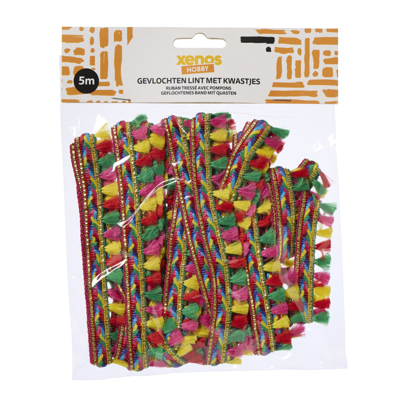 Gevlochten lint met kwastjes - multikleur - 5 meter