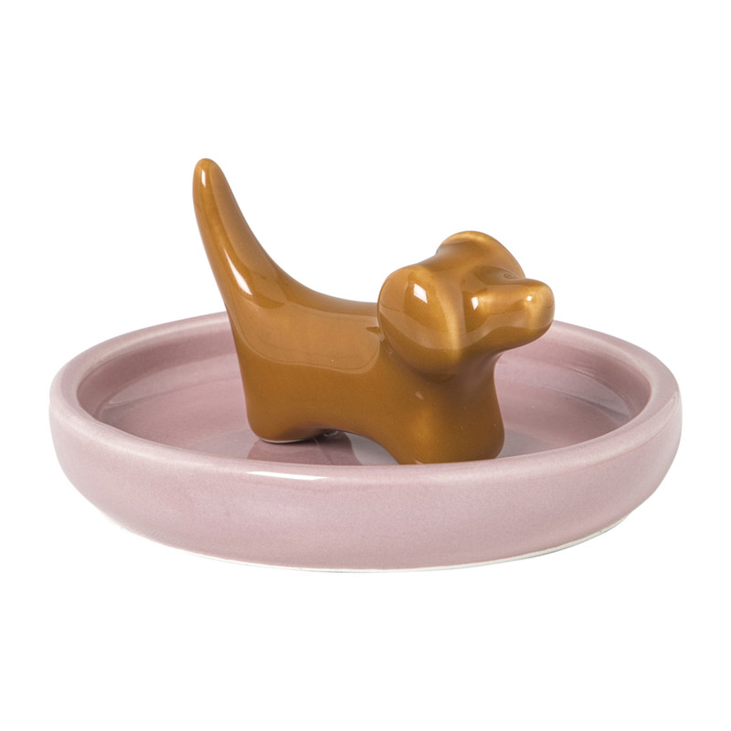 Sieradenhouder teckel - roze/bruin - ø10x5.8 cm