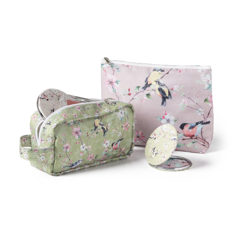 Make-up tasje vogeldesign - groen - 17x9x6 cm