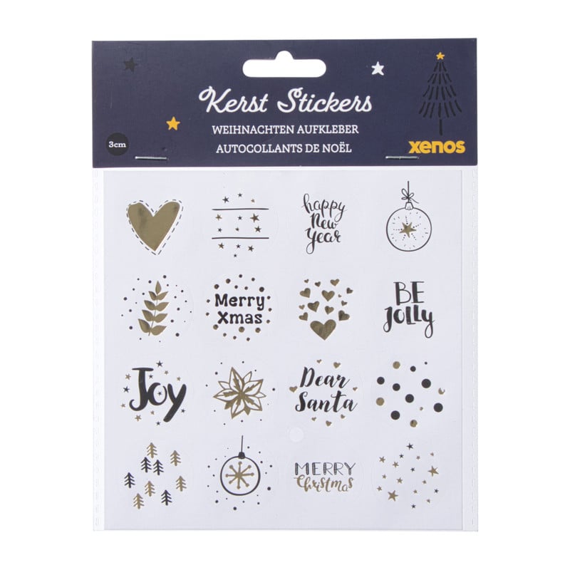 Kerst stickervel - wit/goud/zwart - set van 12