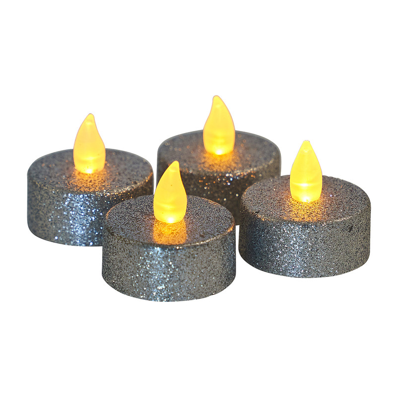 Glitter LED theelicht - zilverkleurig - 4 stuks