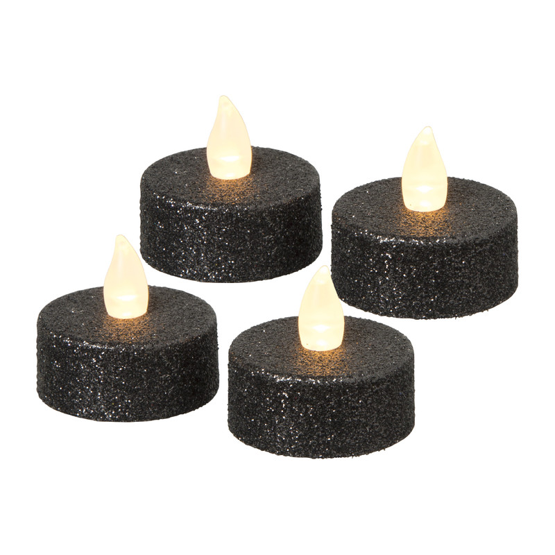 LED theelichten met glitter - zwart - set van 4