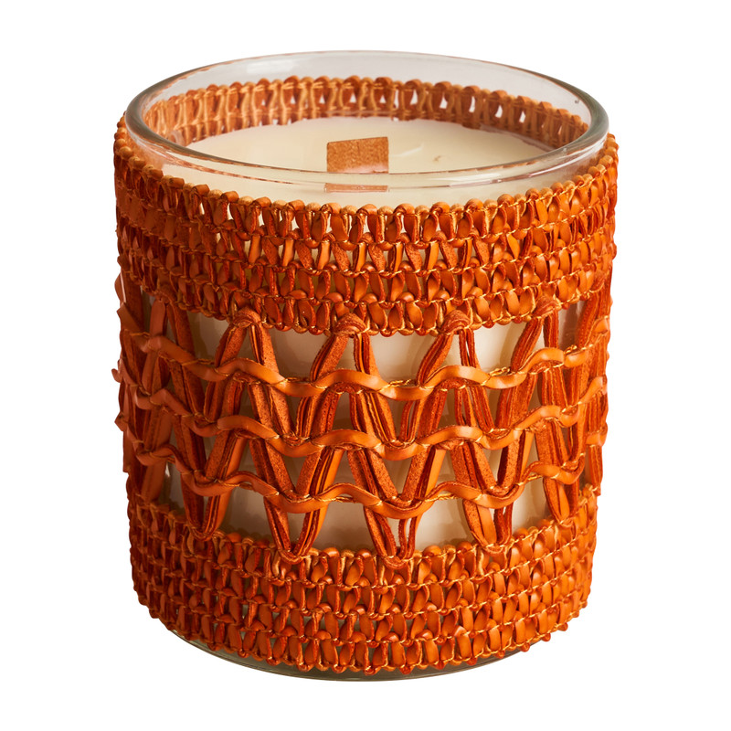 Kaars in glas met gehaakt omhulsel - bruin - 8,4x9 cm