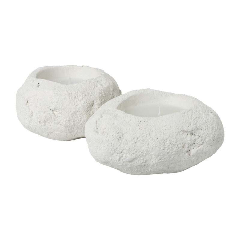 Kaars in steen ovaal - wit - 13x11x7 cm