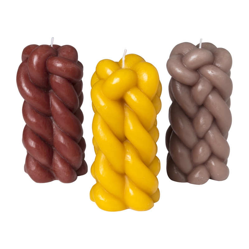 Kaars gevlochten - bruin - 7.5x7.5x14 cm