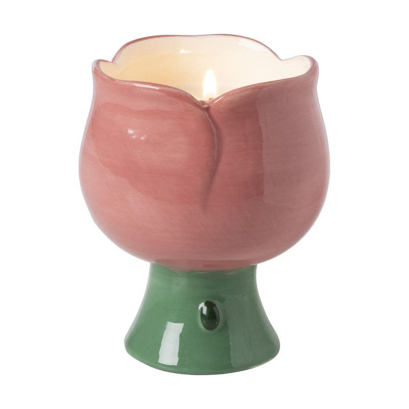 Kaars in bloemenschaaltje groot - roze/groen - ø10x12.4 cm