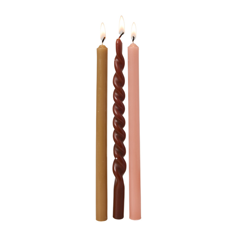 Smalle dinerkaarsjes - geel/rood/roze - ø1.3x20 cm - set van 3 